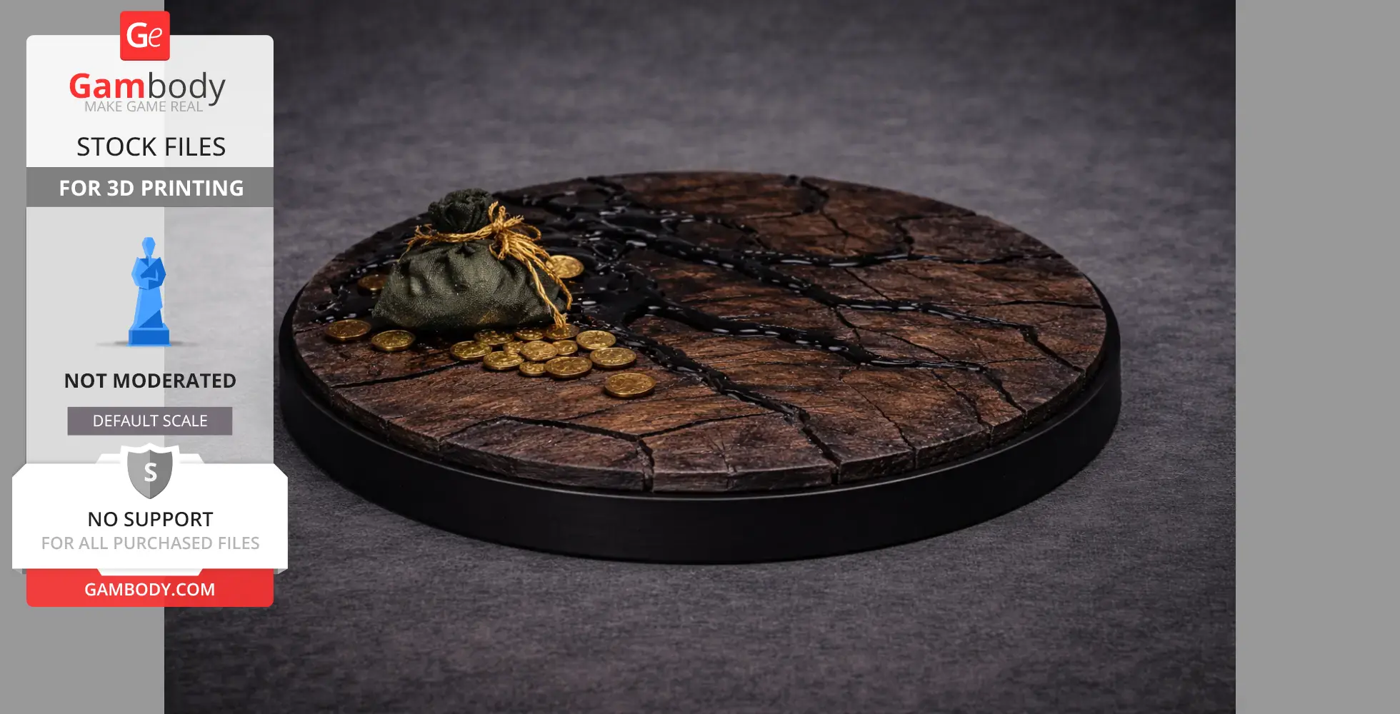 A textured round base with coins and a small sack on a cracked, dark surface.
