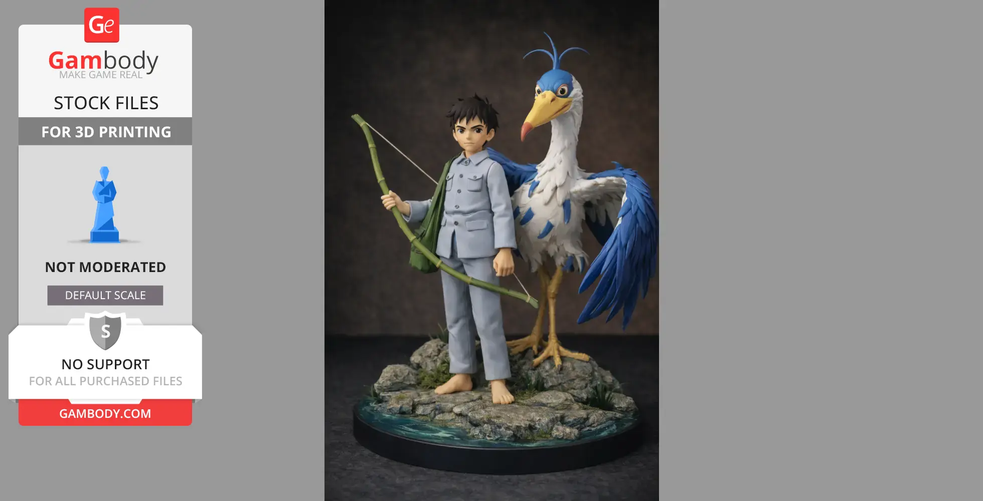 Boy in pajamas holds a green bow, standing beside a large blue heron on a rocky base.