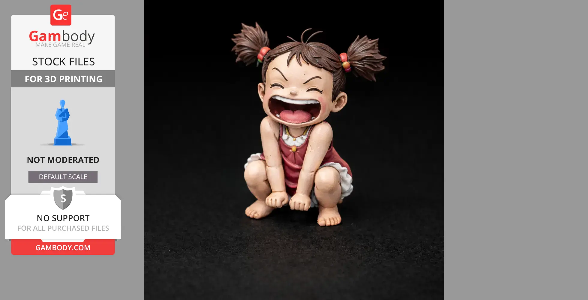 A 3D model of a joyful child squatting, with pigtails and an open-mouthed smile, wearing a sleeveless dress.