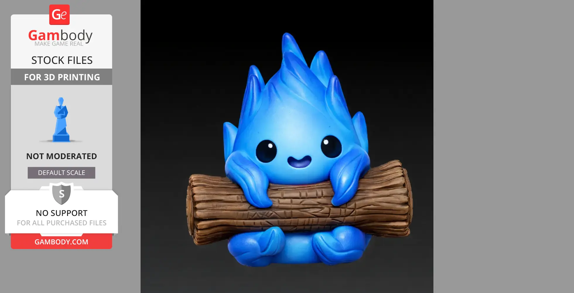 Cute blue flame character holding a log, designed for 3D printing.