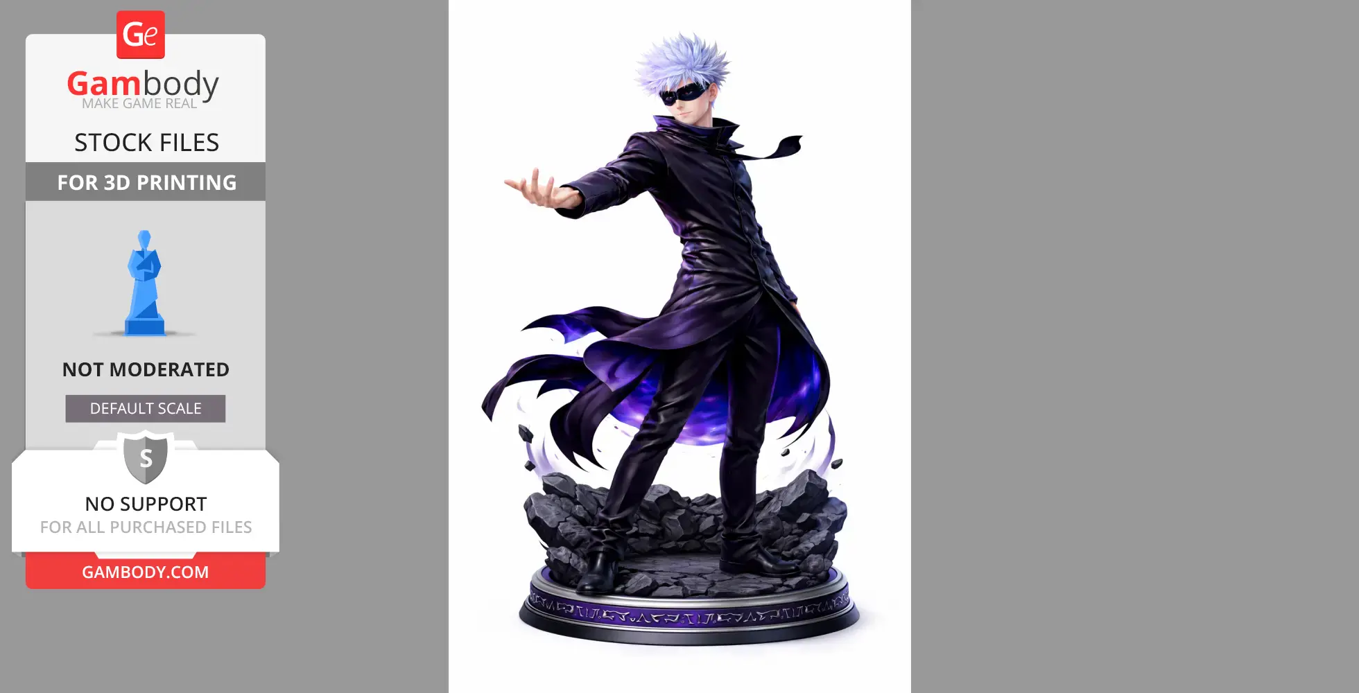 Stylized figure in dynamic pose with spiky hair and sunglasses, wearing a flowing coat, on rocky base.