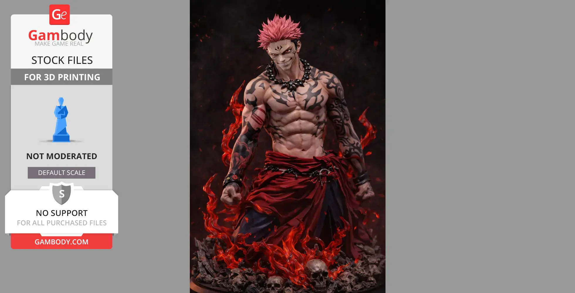A muscular figure with red hair, tattoos, and a red sash stands surrounded by flames and skulls.