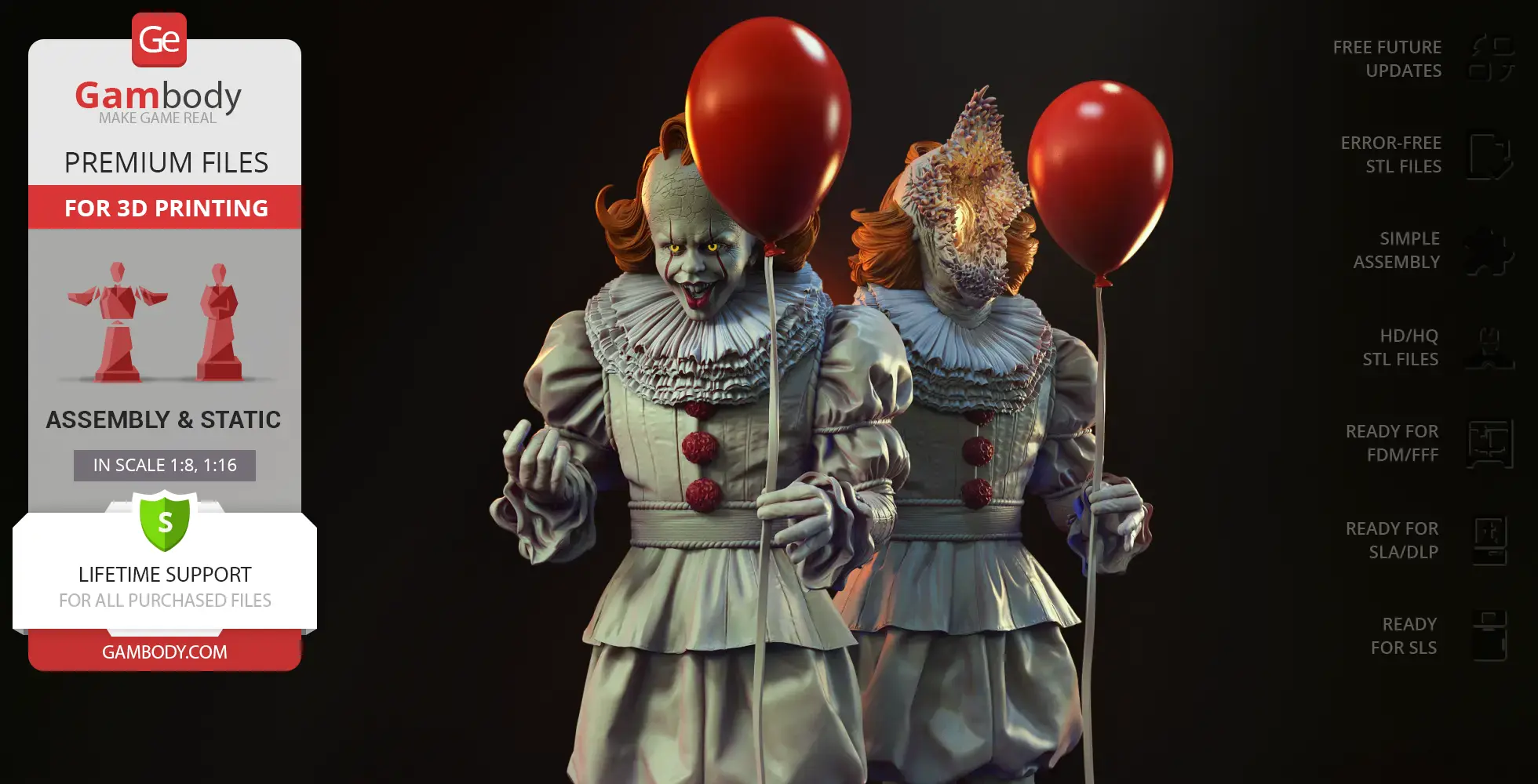 Creepy clown holding a red balloon, showcasing a horror-themed 3D model for printing.