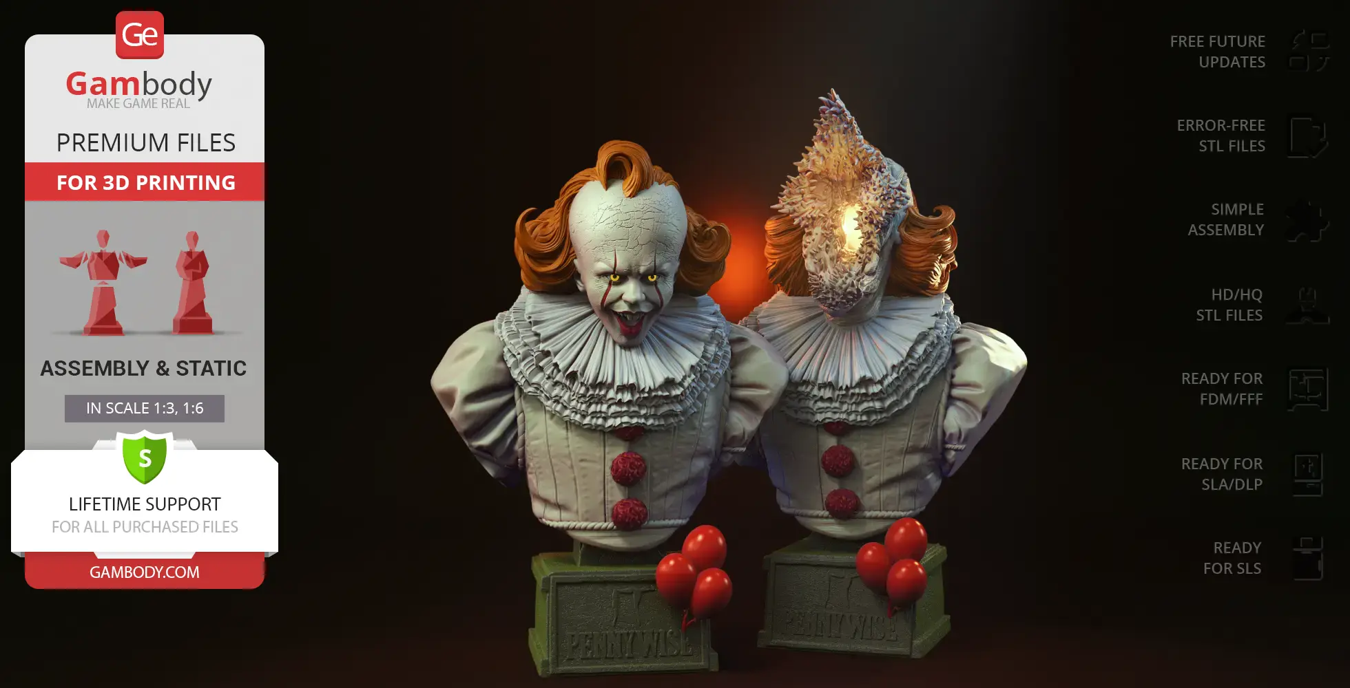 Creepy clown bust with a cracked face and glowing eye, featuring red hair and sinister expression.