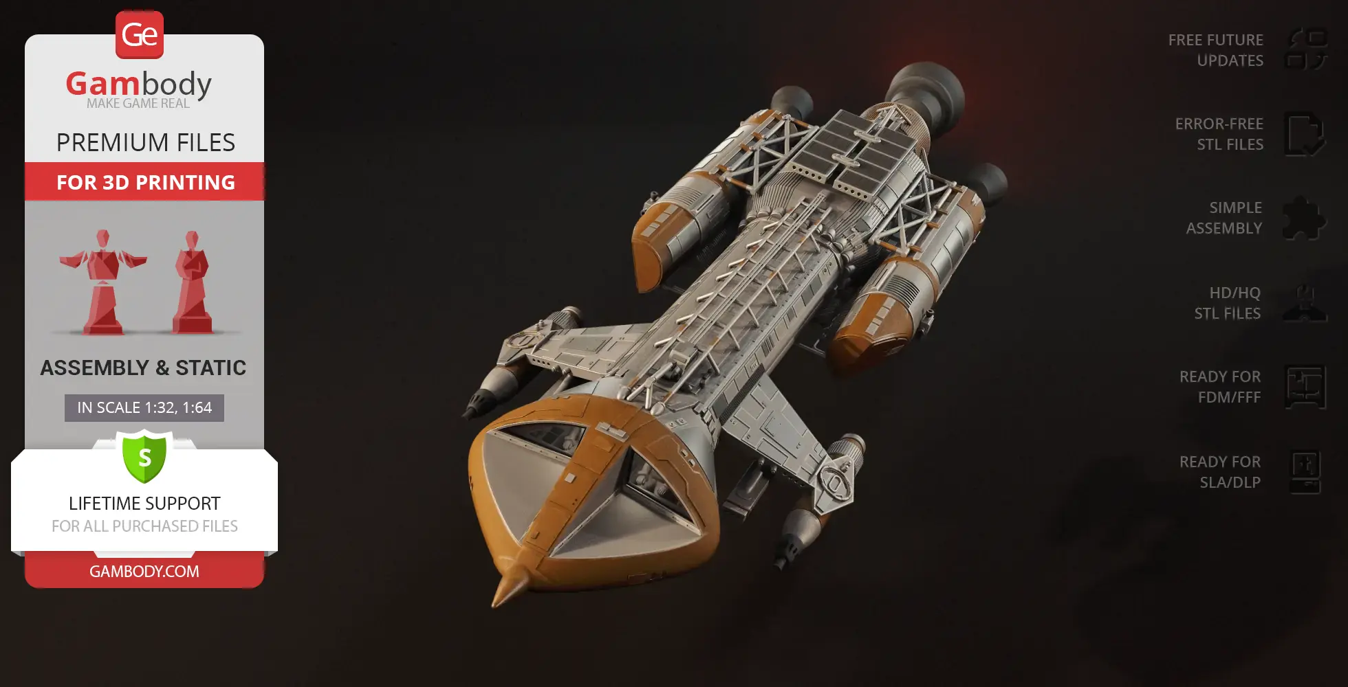 Sci-fi spacecraft model, sleek design with metallic finish, ready for 3D printing via Gambody platform.