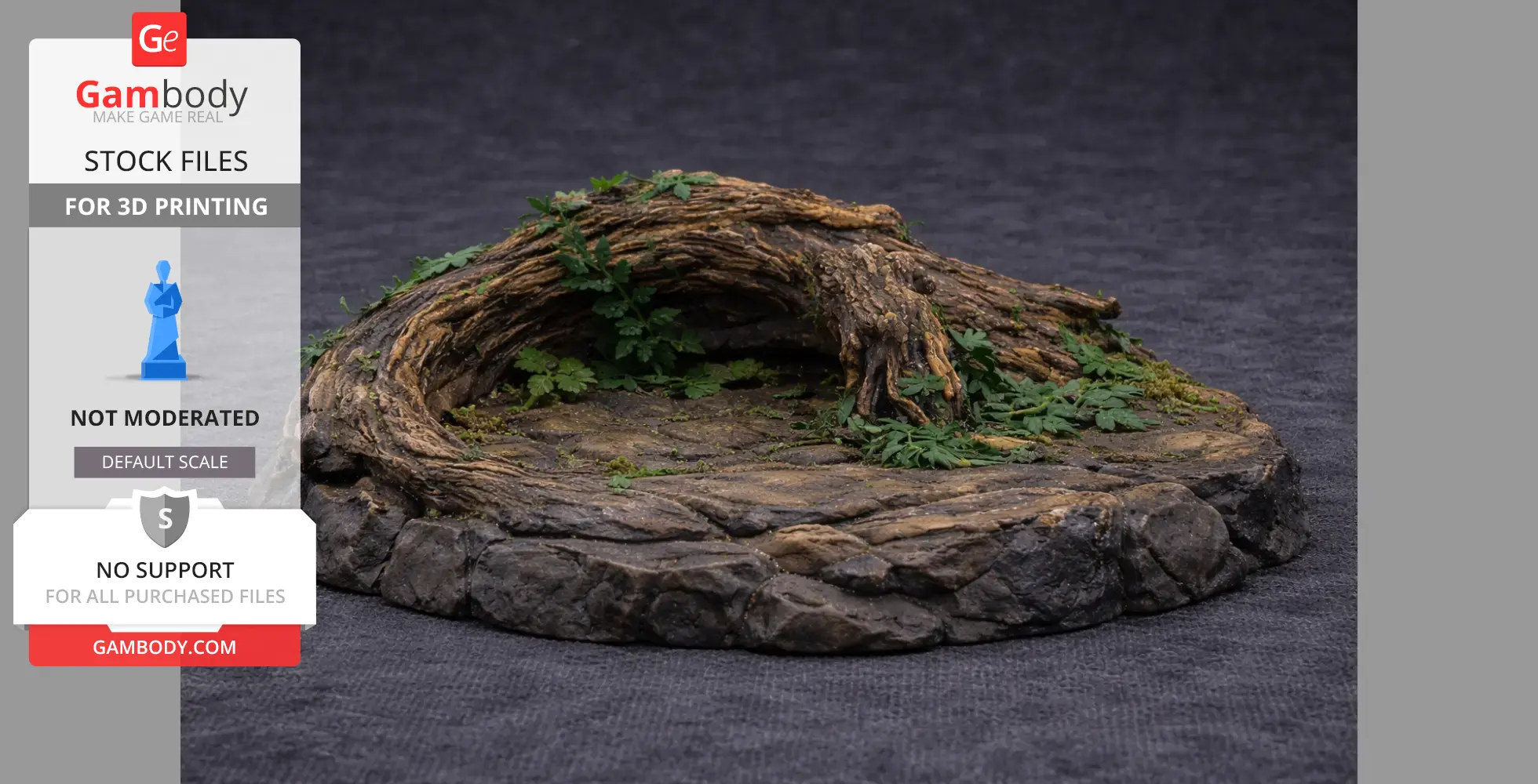 A 3D-printed forest diorama base with a twisted tree trunk and green foliage on a rocky surface.