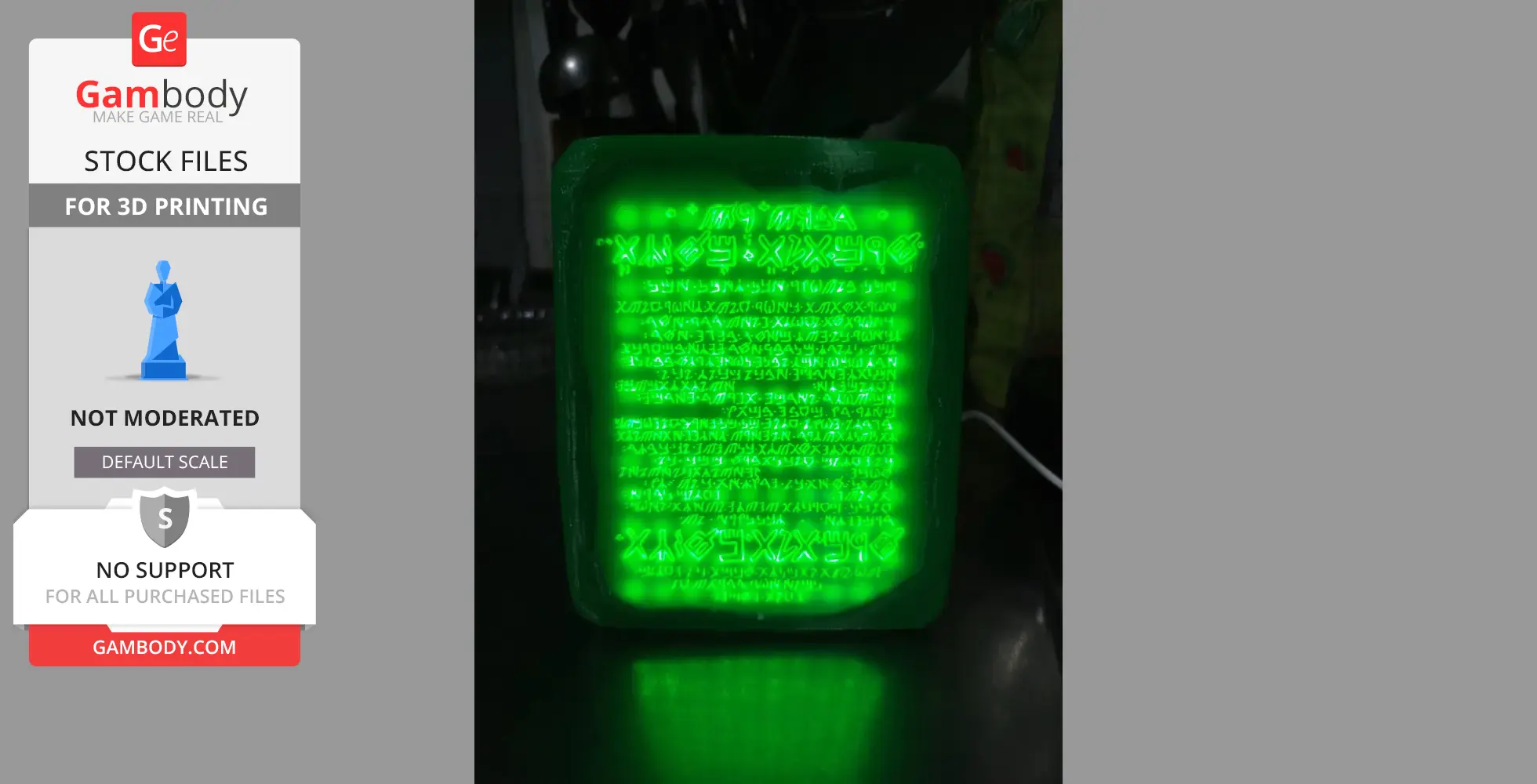 Illuminated green 3D model of the Emerald Tablet with ancient script.