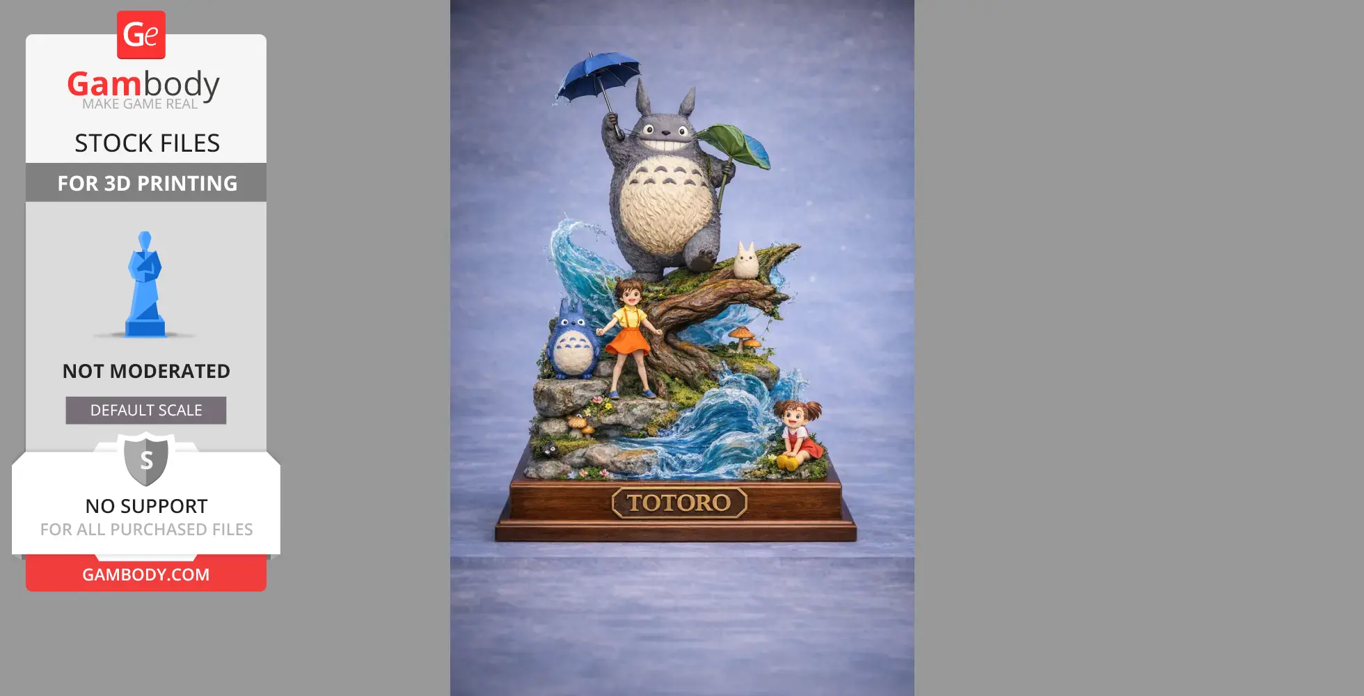 A whimsical diorama featuring forest spirits and characters by a stream, with 'Totoro' on the base.
