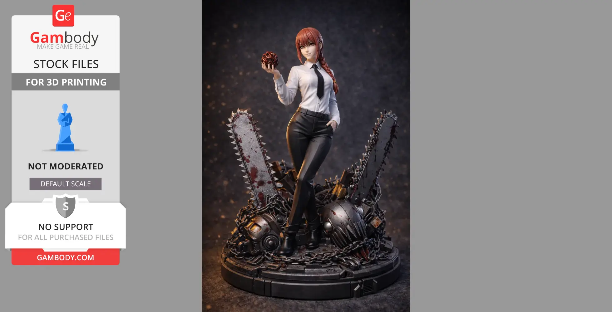 A 3D model of a woman with braided hair holding a ball, standing on a base with chains and large chainsaws.