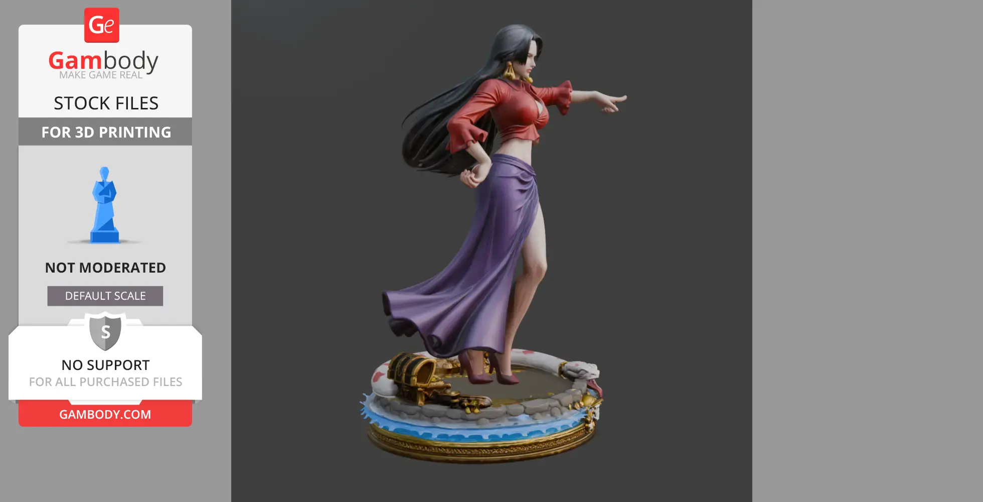 A 3D model of a woman with long hair, in a red top and purple skirt, pointing with her right hand.