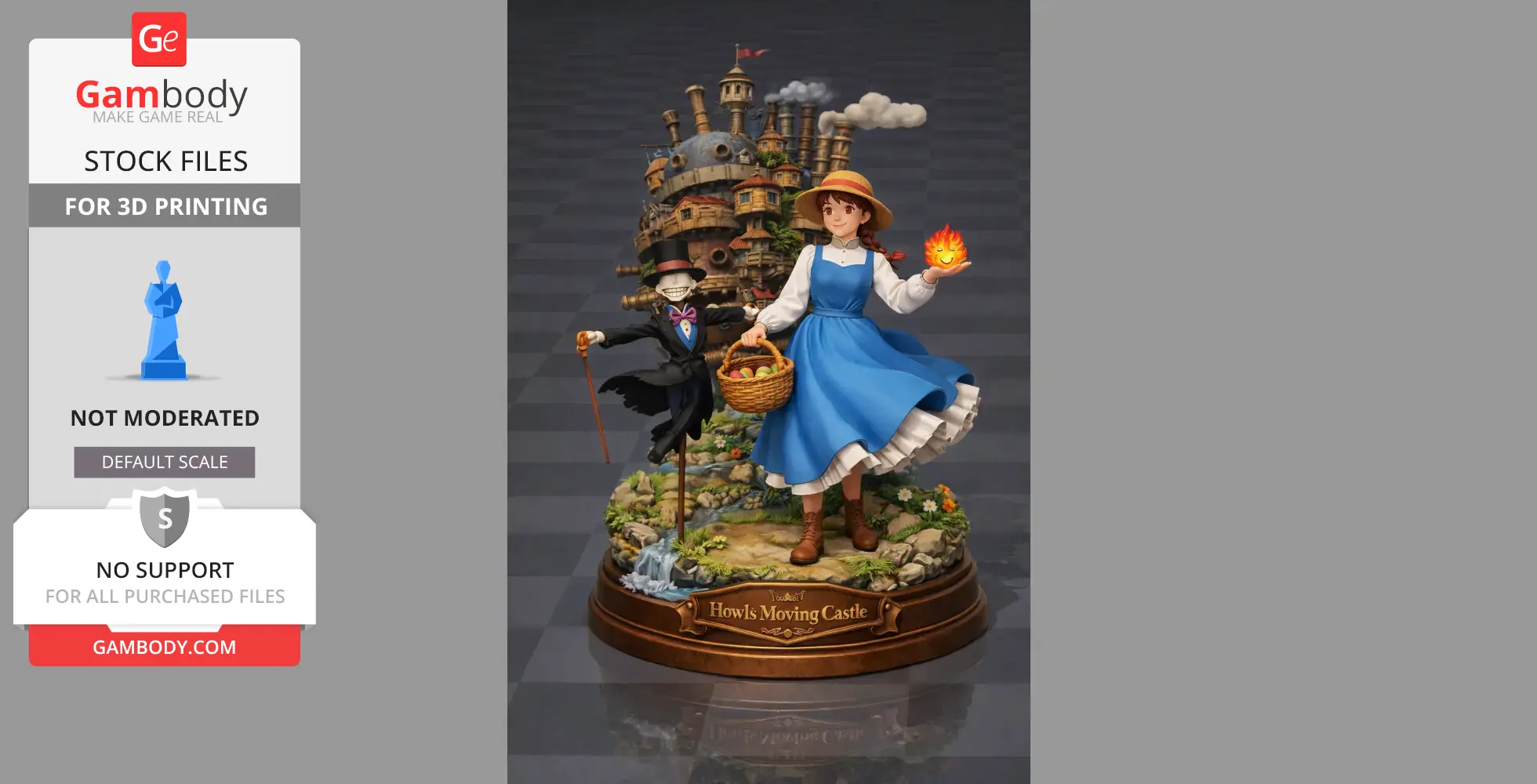 Diorama featuring characters and the castle from 'Howl's Moving Castle' in a detailed 3D-printed scene.