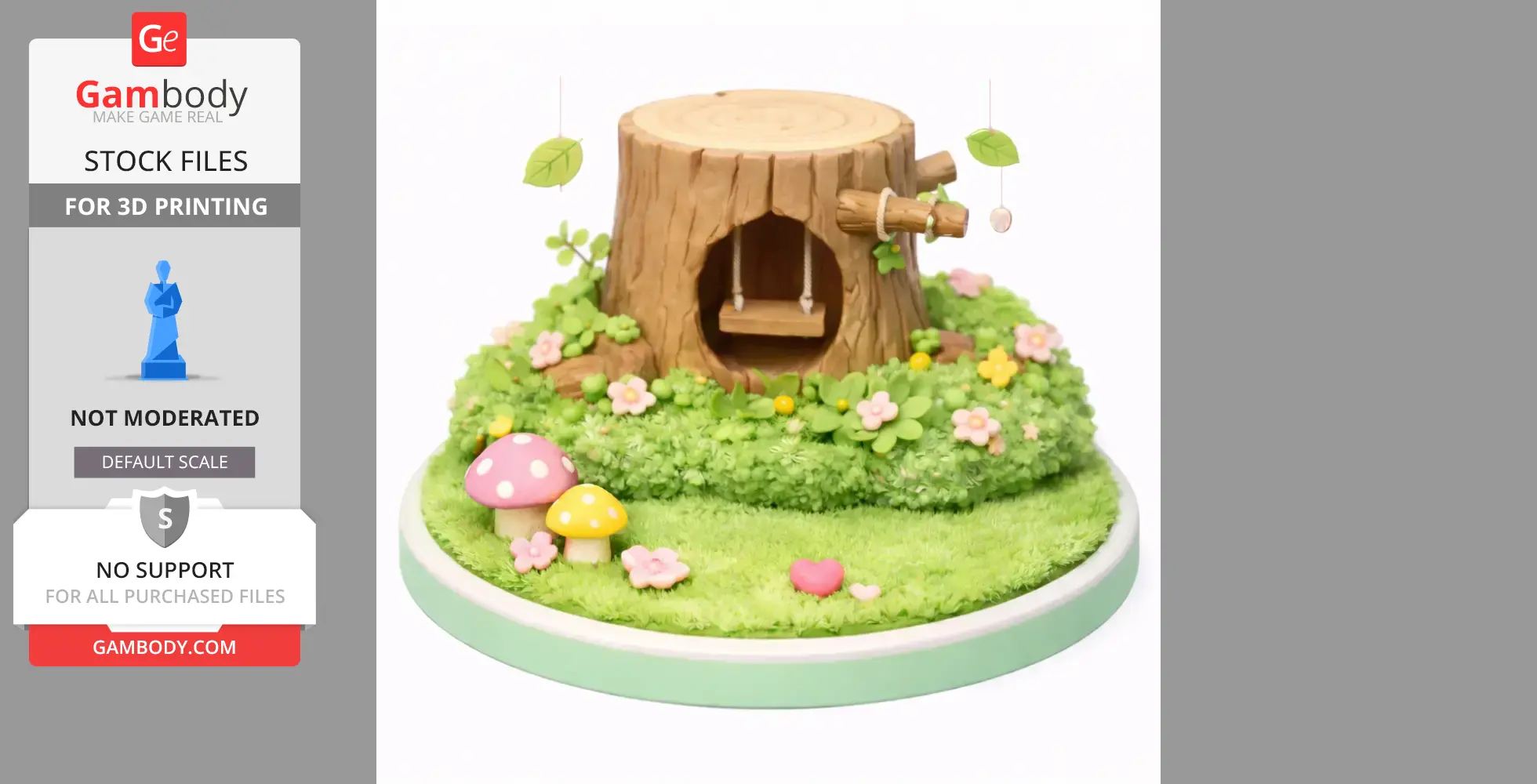 A diorama with a tree stump house, swing, mushrooms, and flowers on a grassy base.