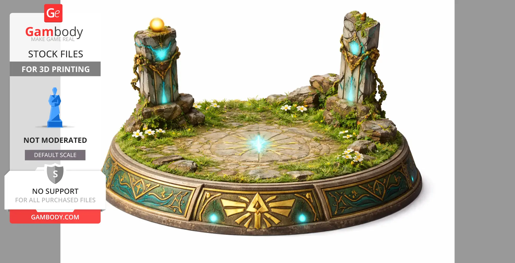 Fantasy diorama with glowing runes, stone pillars, and grassy terrain on a Triforce-engraved base.