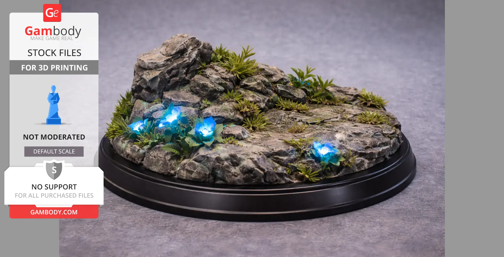 Rocky terrain with vibrant green plants and glowing blue flowers, set on a round black base.