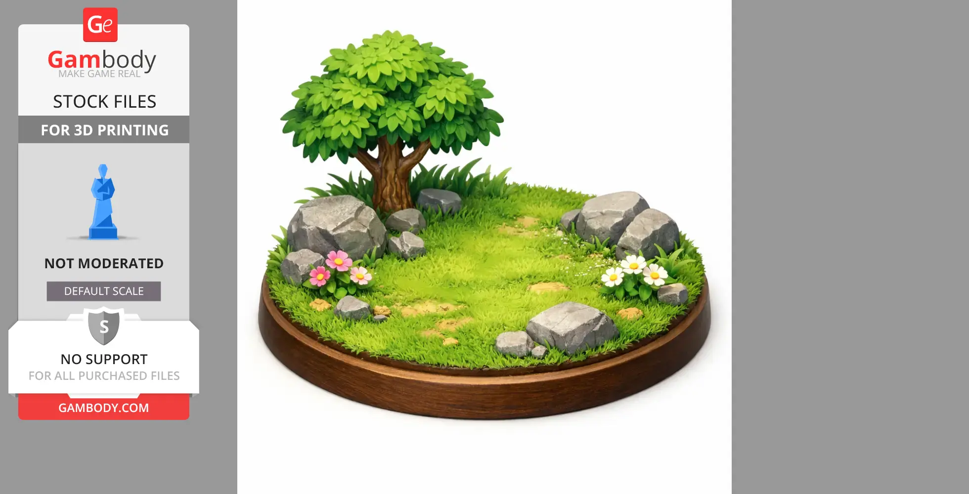 A lush green diorama with rocks, flowers, and a tree on a circular base, suitable for 3D printing.