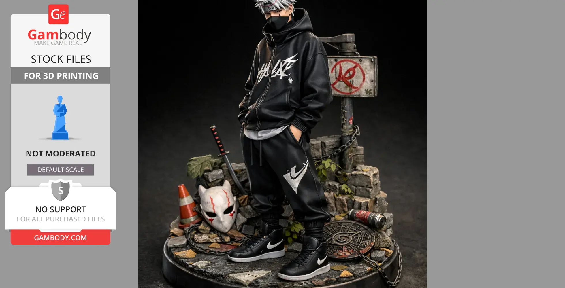 A street ninja in black hoodie and mask, surrounded by street elements, with a sword and mask on the ground.