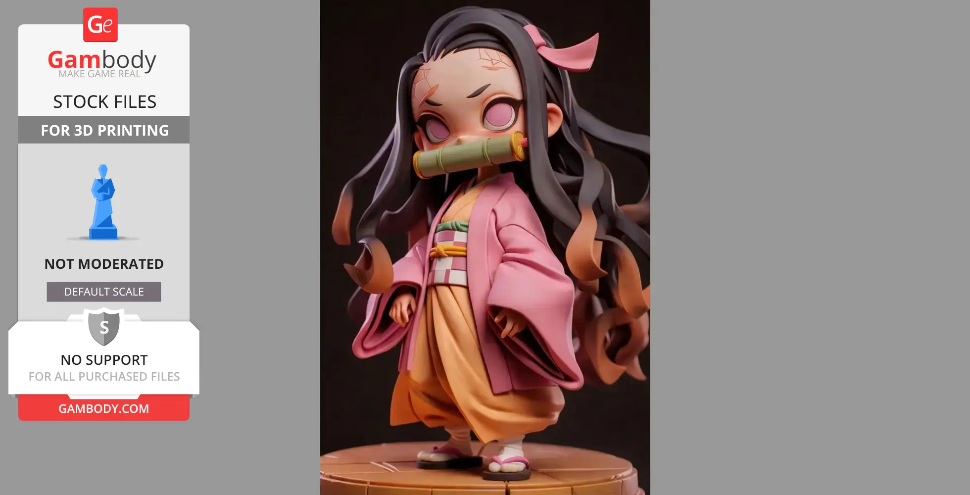Chibi-style figurine with long hair, wearing a pink kimono and bamboo gag, standing on a circular base.