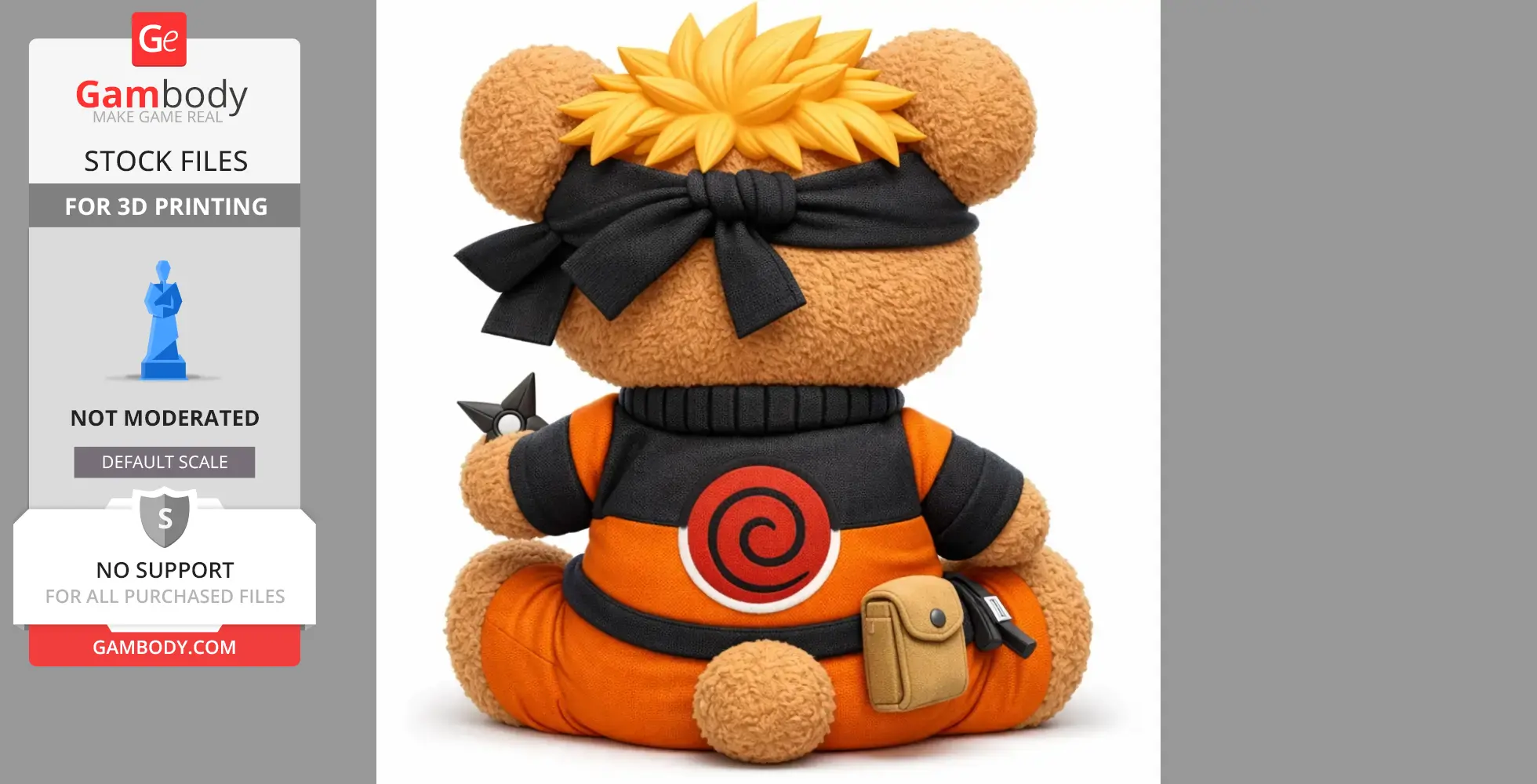 Chibi teddy bear dressed as a ninja, with spiky hair, headband, and holding a star.