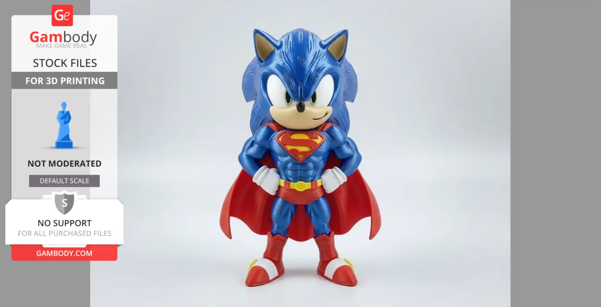 Character fusion of Sonic and Superman in a superhero pose, wearing a red cape.