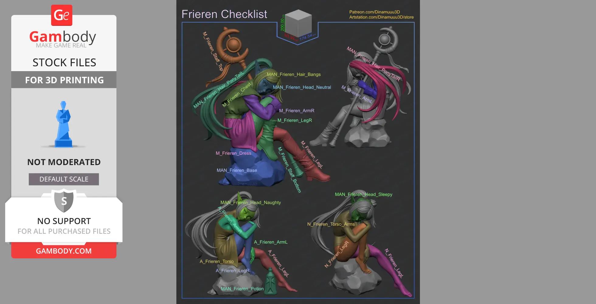 3D model of a seated character with detailed parts for 3D printing, shown from multiple angles.