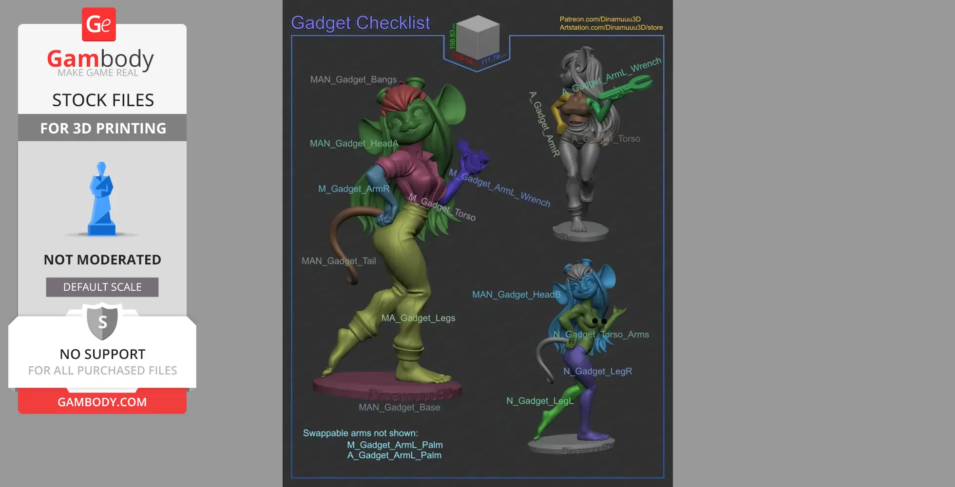 Figure of Gadget Hackwrench from 'Chip 'n Dale' with separate 3D printable parts labeled for assembly.