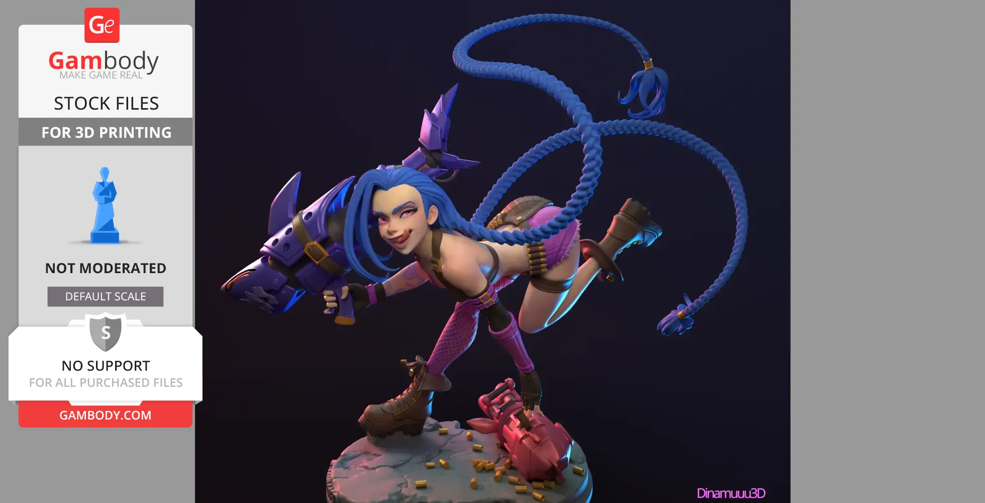 A 3D model of a character with blue hair, holding a large weapon, standing on a base with scattered items.