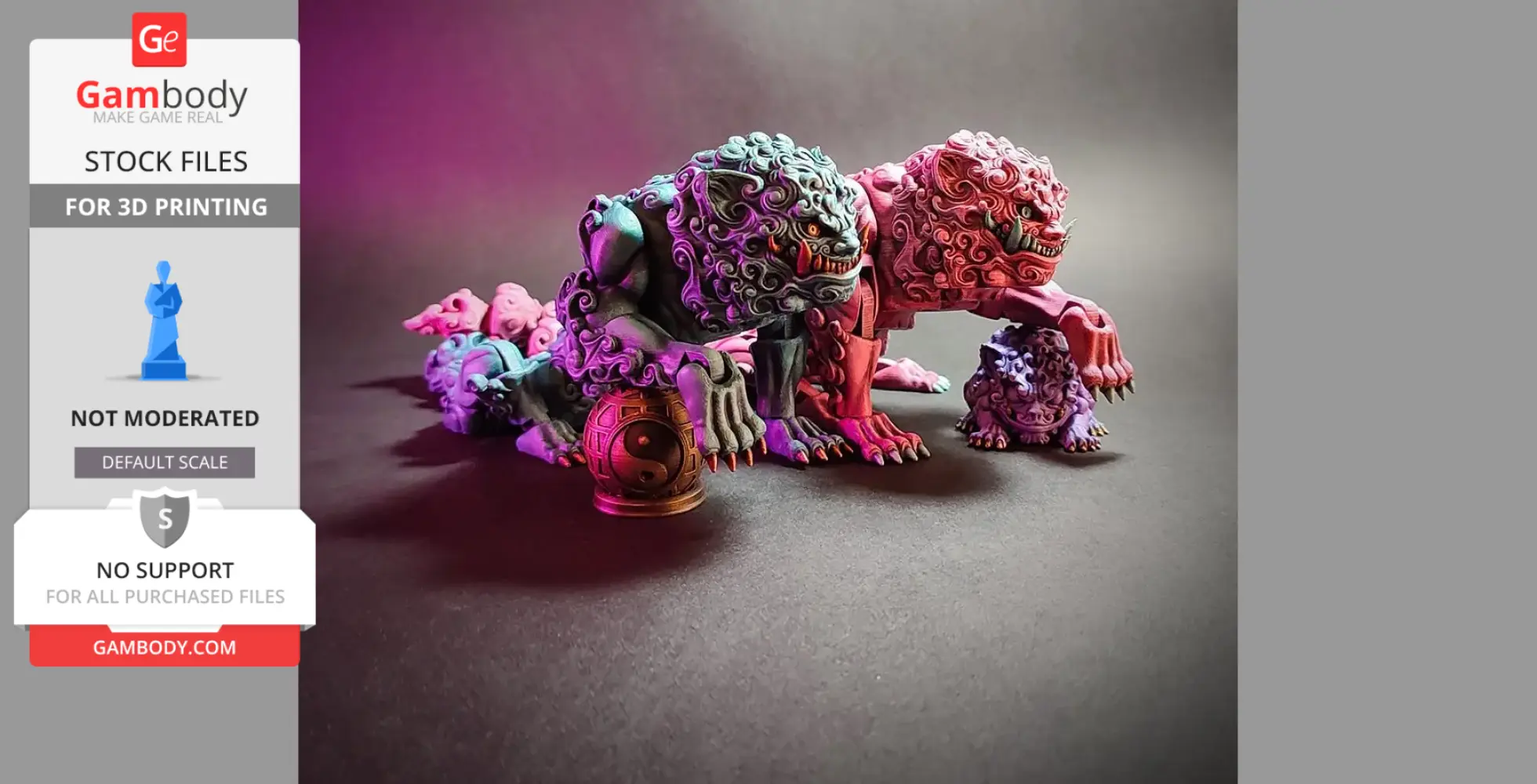 Colorful, intricately detailed Foo Lion figurines posed on display with glowing eyes and patterned fur.