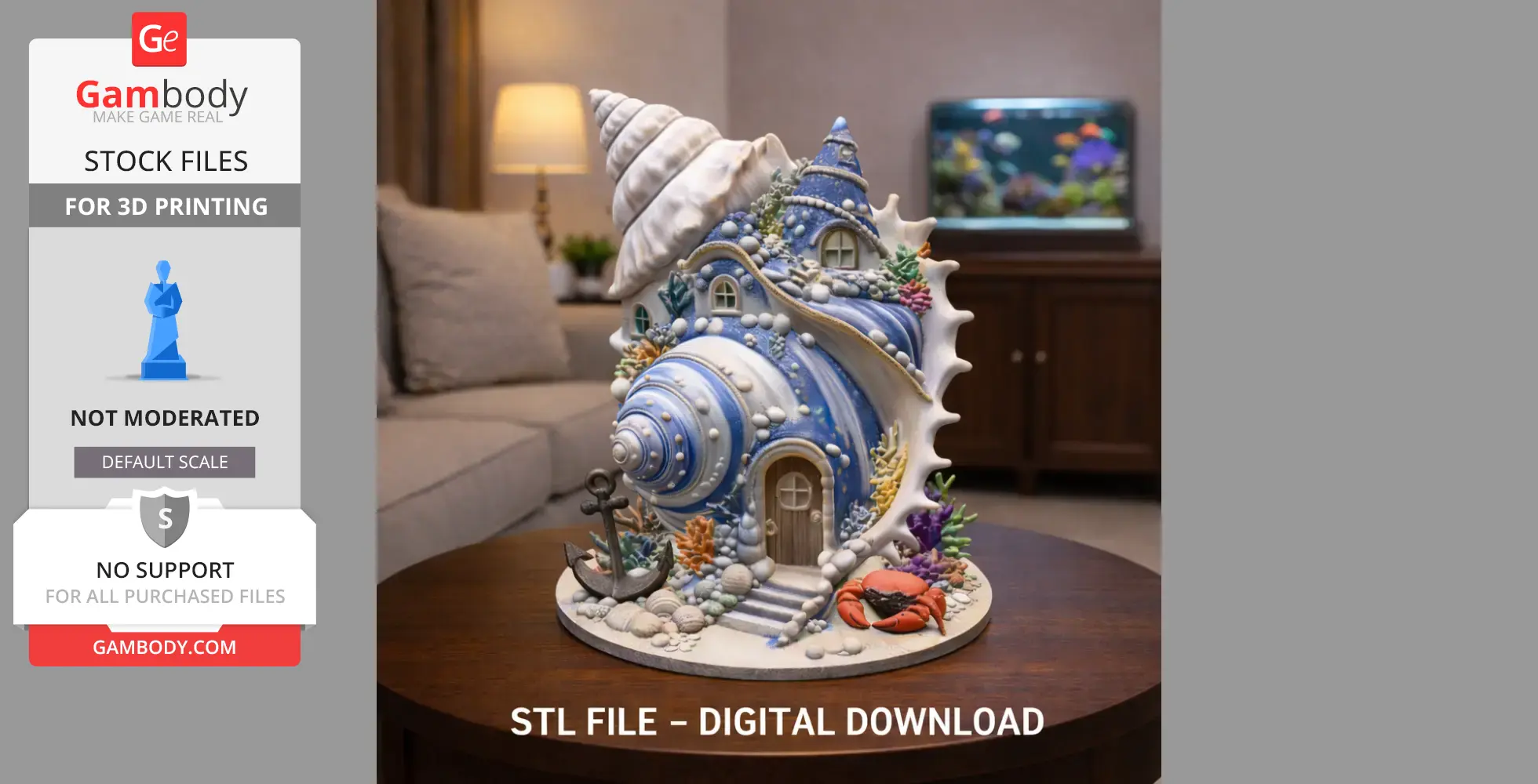 Fantasy seashell house with windows, door, and ocean-themed decorations on a display table.