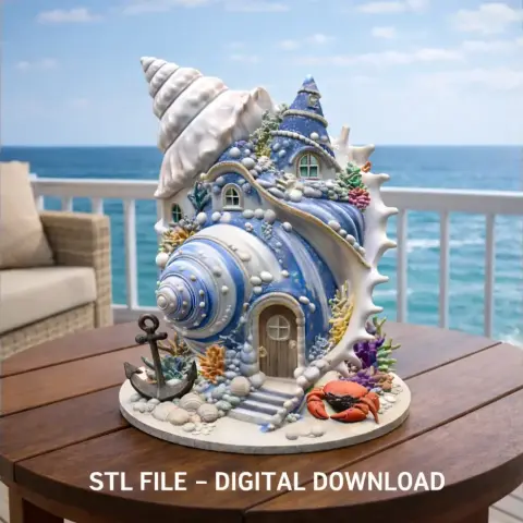 Seashell House STL File – Fantasy Ocean Shell House – Coastal Decor 3D Print Model – Nautical Miniature – STL Digital Download