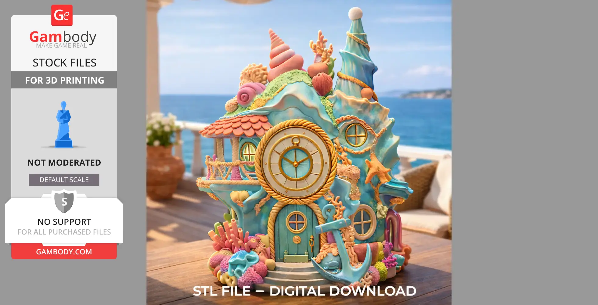 A whimsical seashell-shaped house with nautical and coral decorations, set against a seaside backdrop.