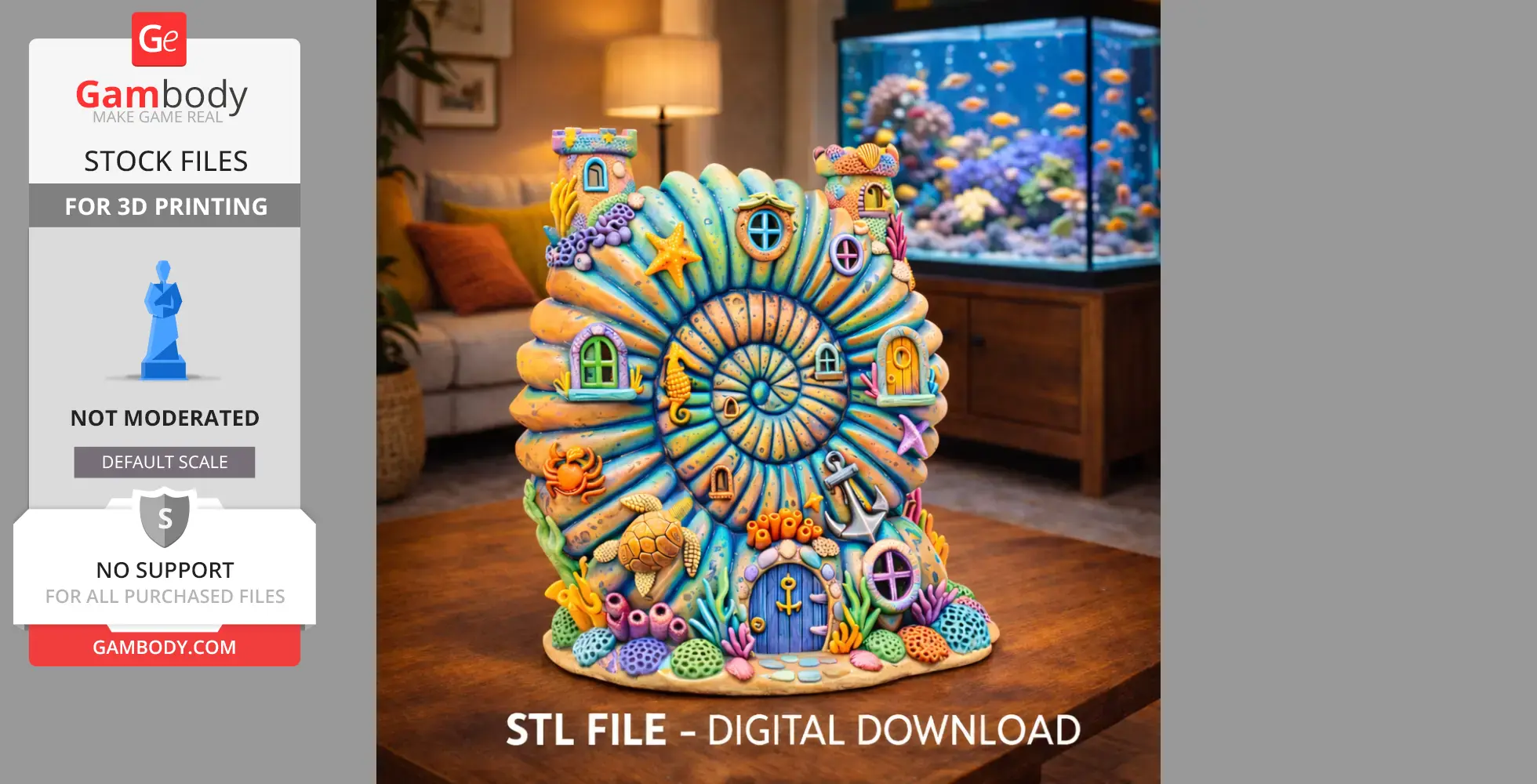 A colorful seashell-shaped fantasy house with nautical elements and ocean-themed decorations.