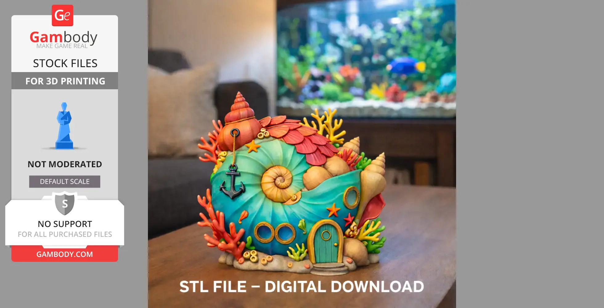 Colorful ocean shell house model adorned with corals and seashells, designed for 3D printing.