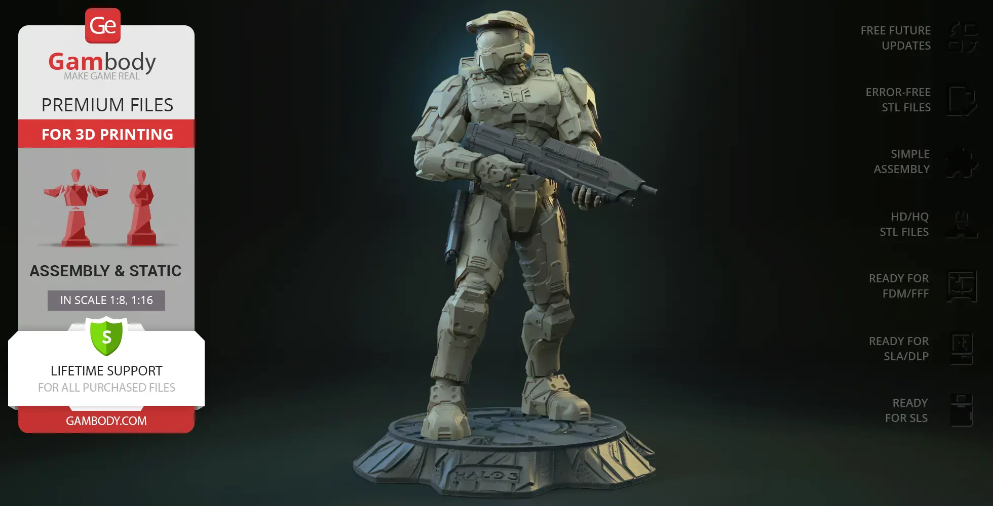 Armored soldier figure holding a gun on a detailed base for 3D printing, labeled 'HALO 3.'