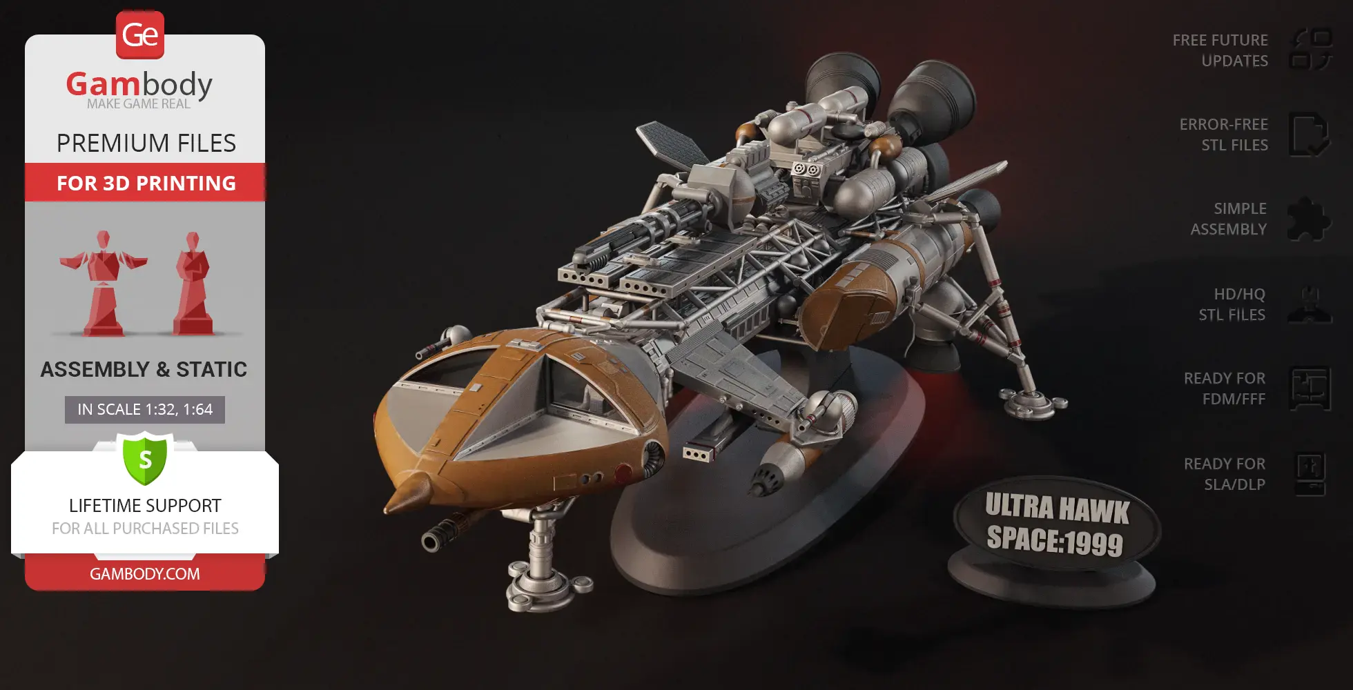 Futuristic spacecraft model with intricate details, labeled 'Ultra Hawk Space:1999' on a display stand.