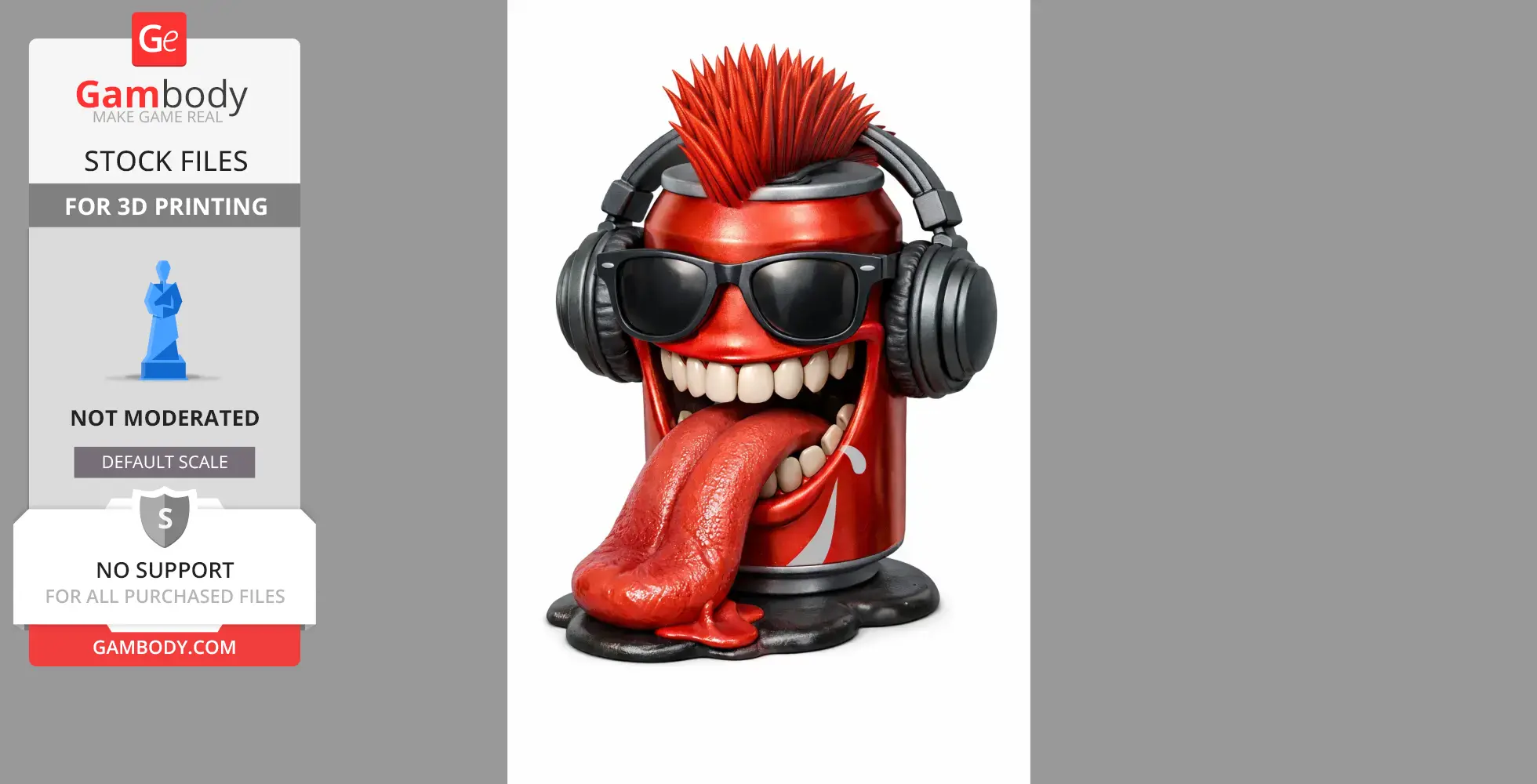 Red soda can character with spiky hair, sunglasses, headphones, and long tongue sticking out.