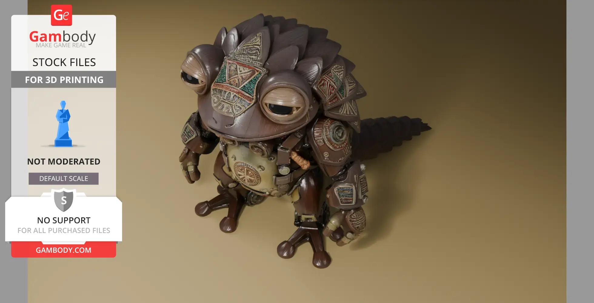 Steampunk tribal frog with gears and tribal patterns, ready for 3D printing.