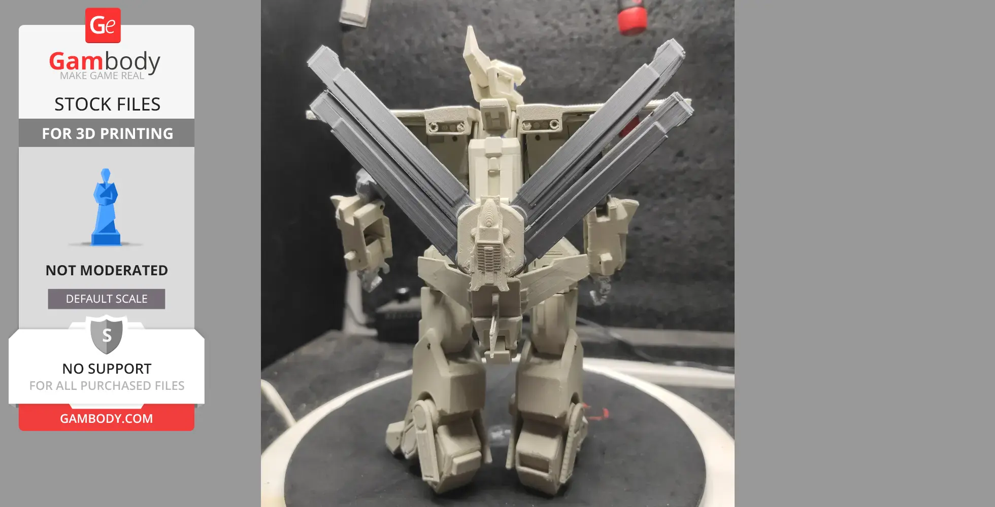 A 3D-printed VFH-10 Robotech model with large wings, standing on a circular platform.