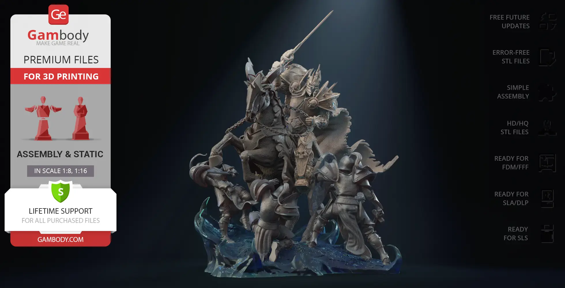 A detailed Lich King model on a horse, with armor and figures beneath, designed for 3D printing.