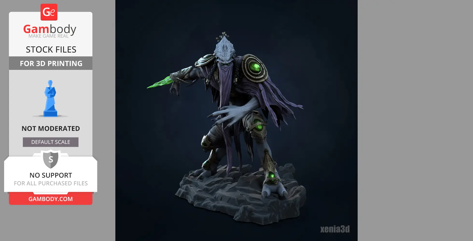 Alien warrior figure with armor and glowing green blade, standing on a rocky base.
