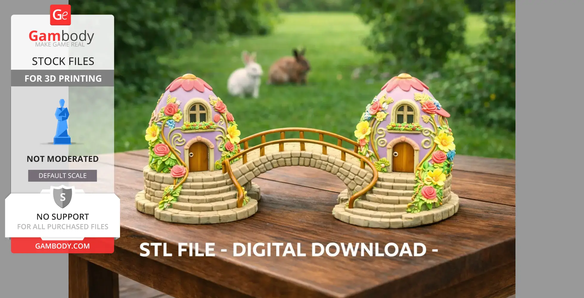Whimsical bridge connecting two egg-shaped houses with floral decorations and doors.