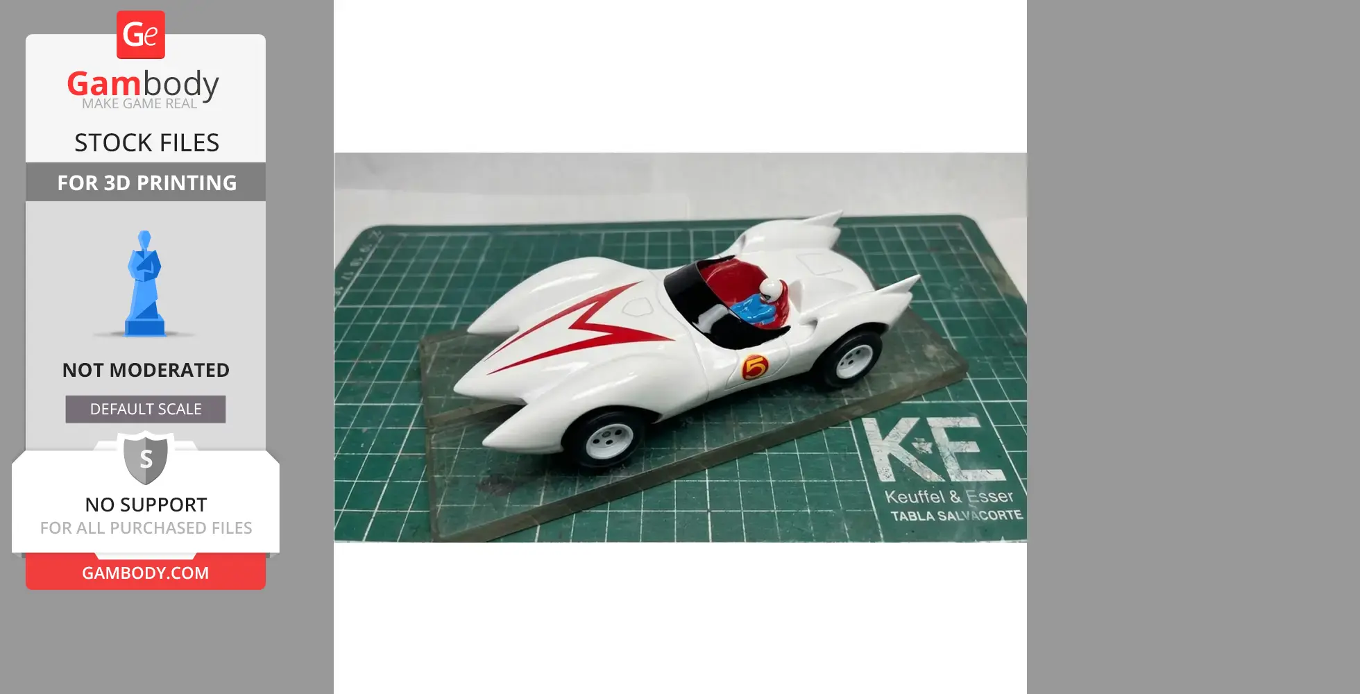 White Mach 5 slot car model with red accents on a cutting mat, designed for 3D printing.