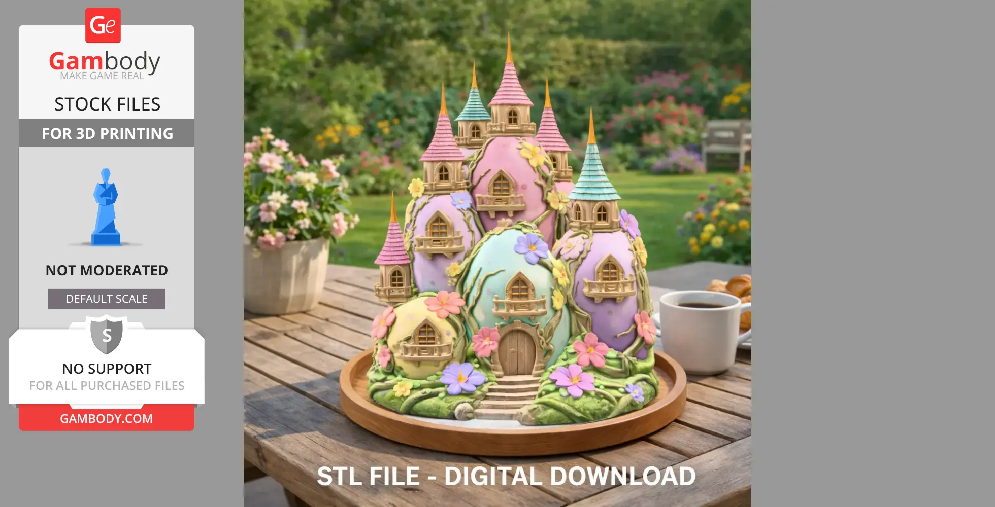 A whimsical, colorful egg-shaped castle with floral decorations on a wooden tray outdoors.