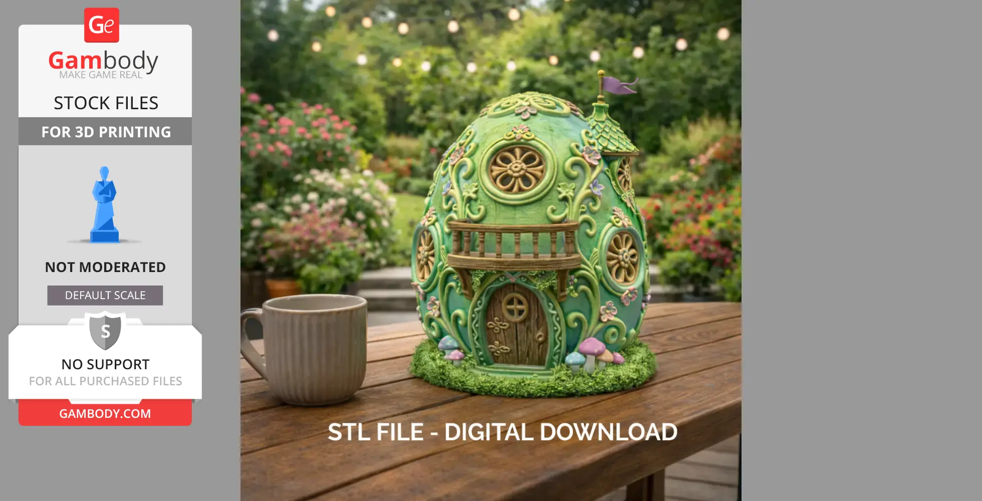 A whimsical, green, egg-shaped house model with ornate designs, tiny door, and windows, set in a garden.