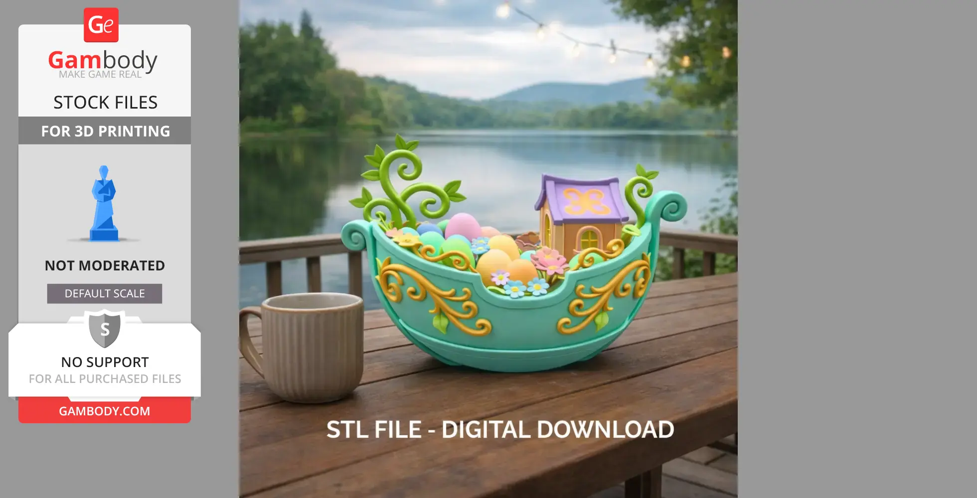 Colorful Easter egg boat with decorative swirls and house, placed on a table by the lake.