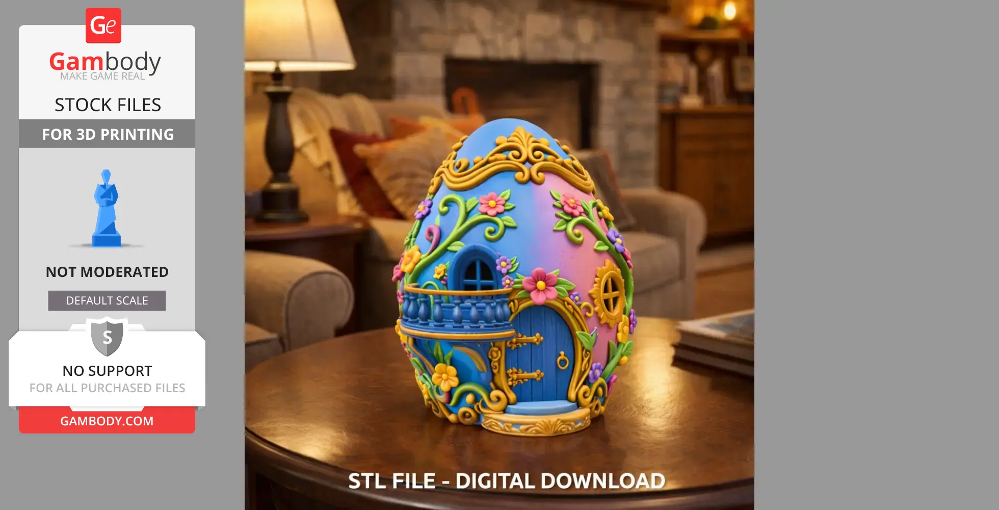 A colorful egg-shaped house with floral designs and mini balconies, set on a table in a cozy living room.