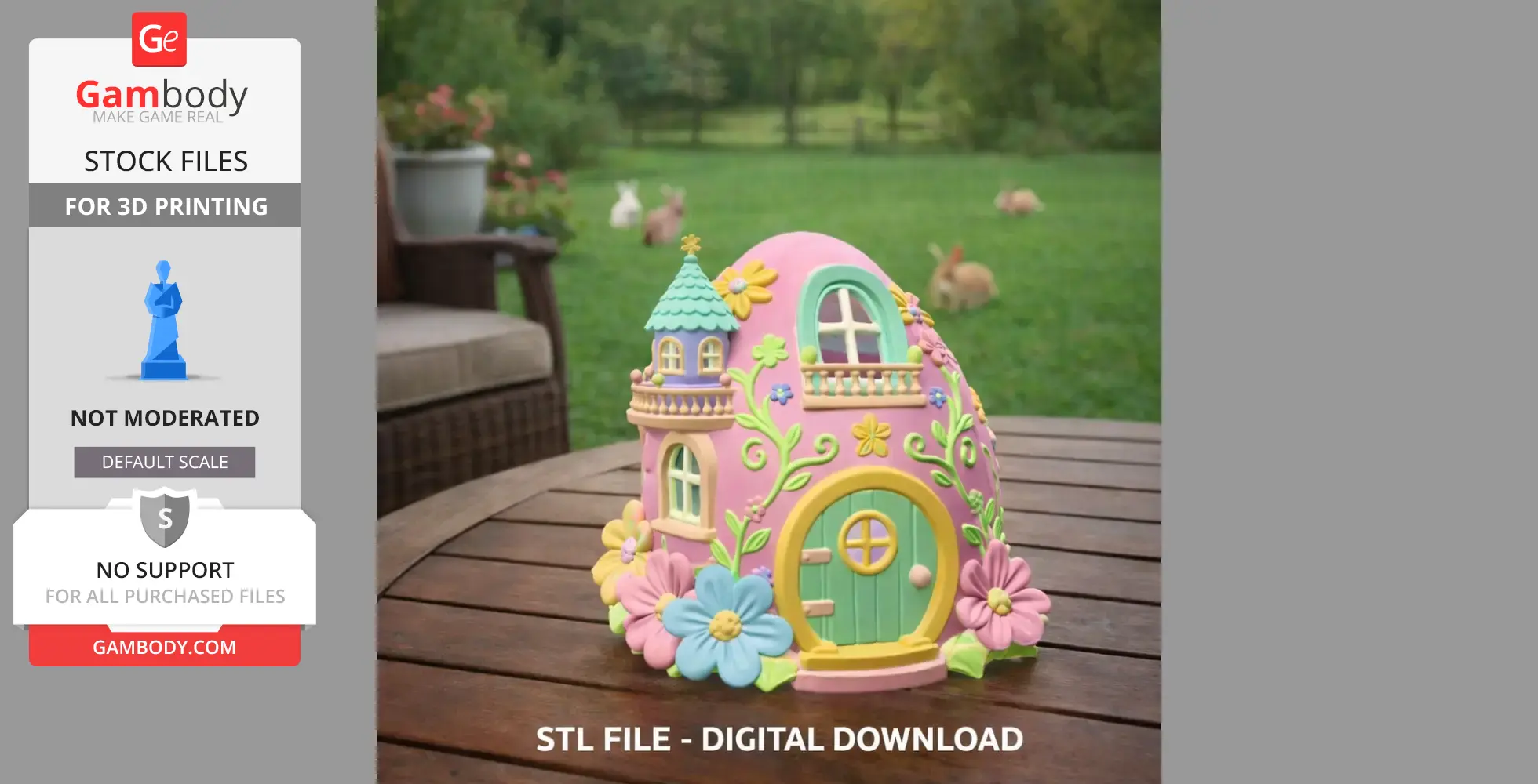 A colorful fairy house shaped like an egg, adorned with flowers and windows, set on a wooden table outdoors.
