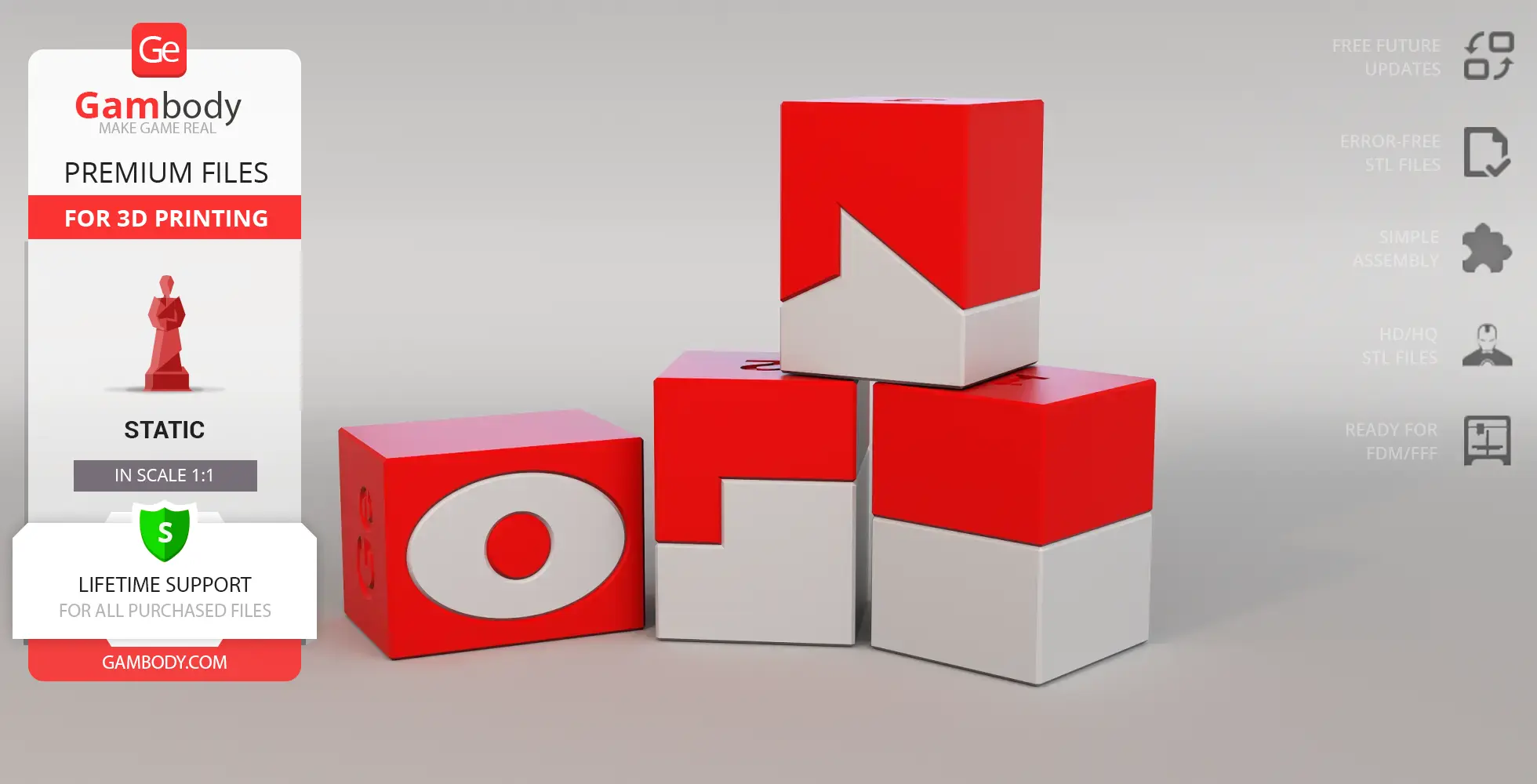 Red and white geometric test blocks arranged in a stack for 3D printing.