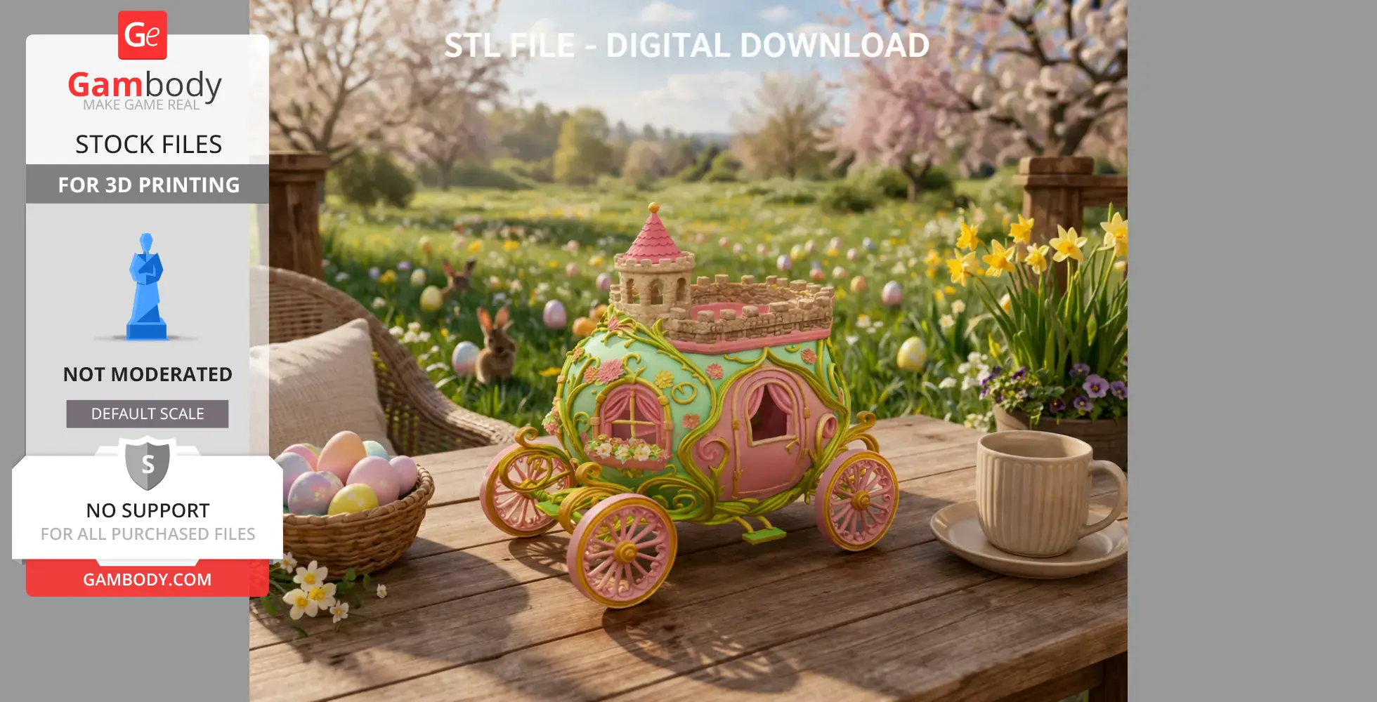 Whimsical egg-shaped carriage house with floral motifs, set on a wooden table in a spring garden.