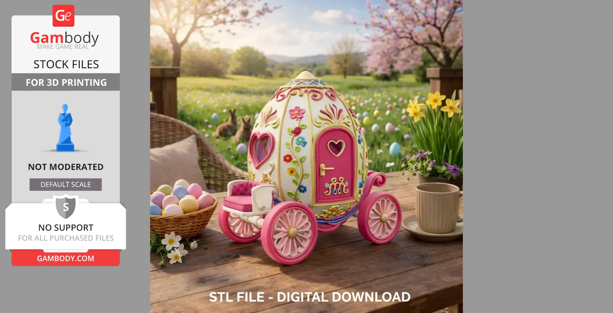 Ornate egg-shaped carriage with floral decorations, pink wheels, and heart motifs, set in a spring garden.