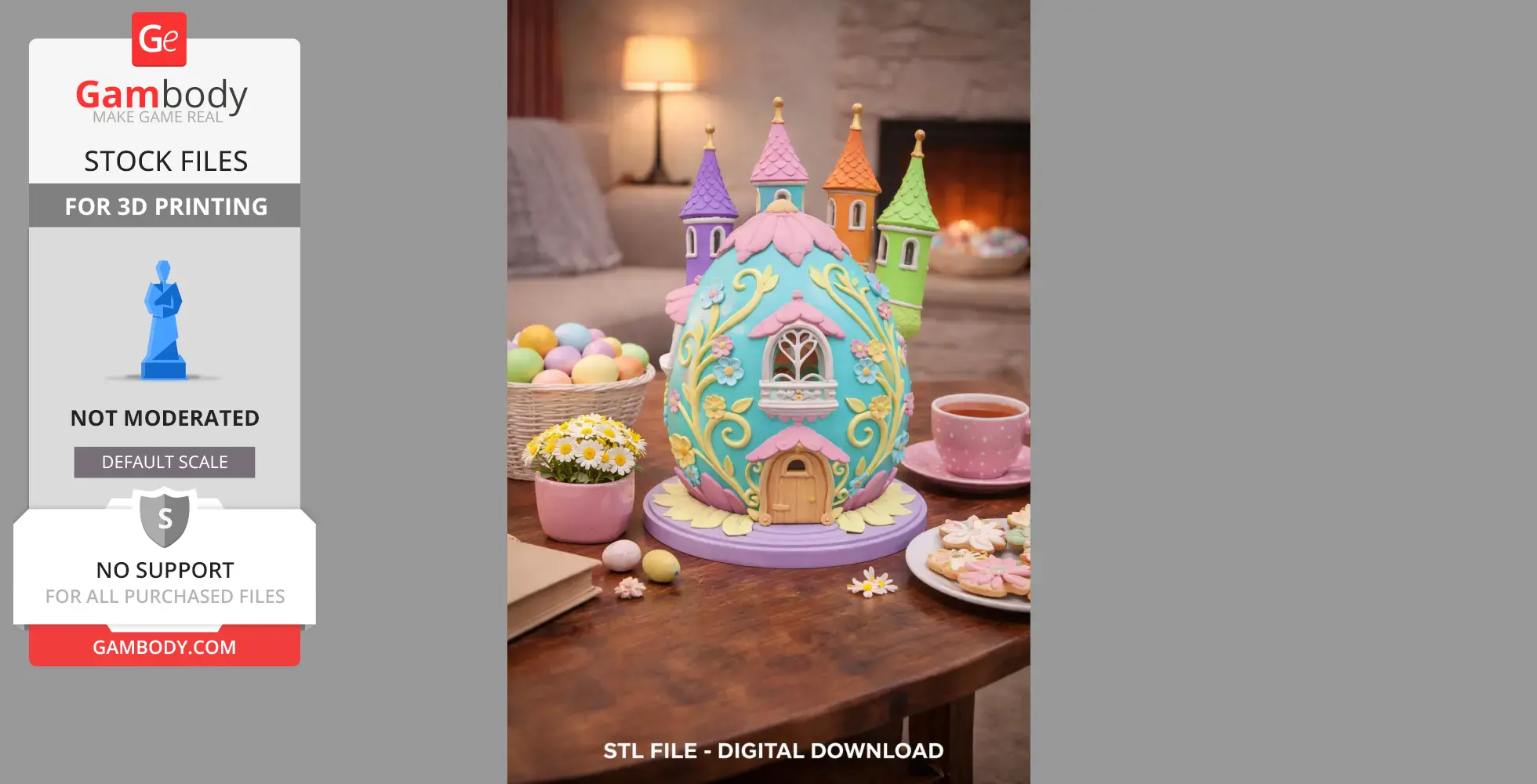 Colorful egg-shaped house with towers, floral patterns, surrounded by Easter decorations and a cozy room.